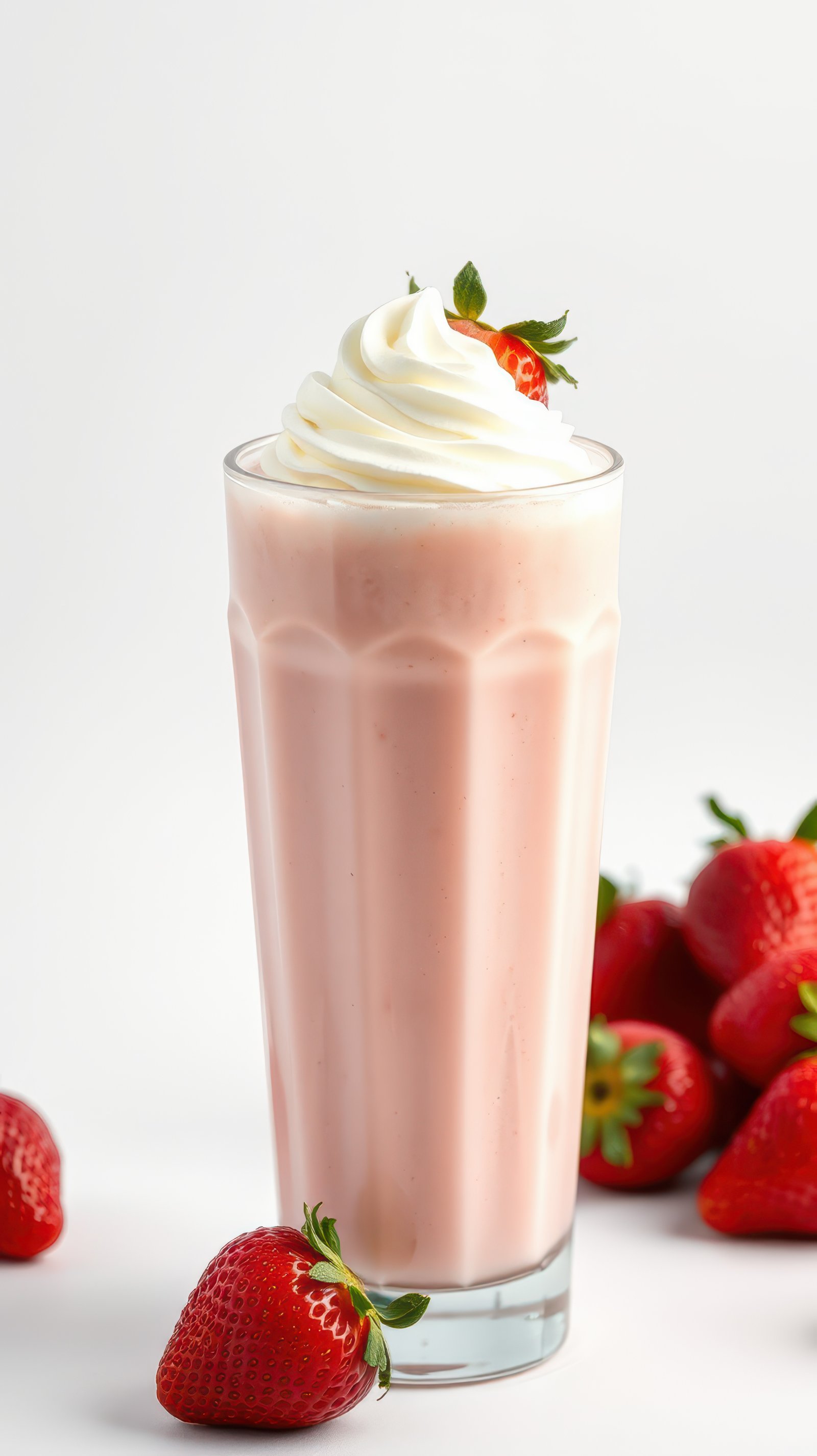 Creamy strawberry milkshake served with fresh strawberries on a white background